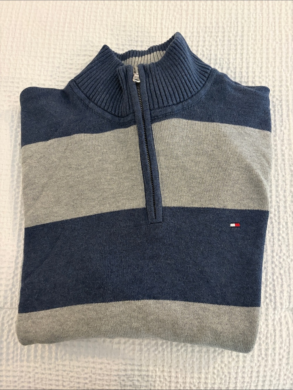 Tommy Hilfiger Men’s Navy and Gray Striped Half-Zip Sweater
